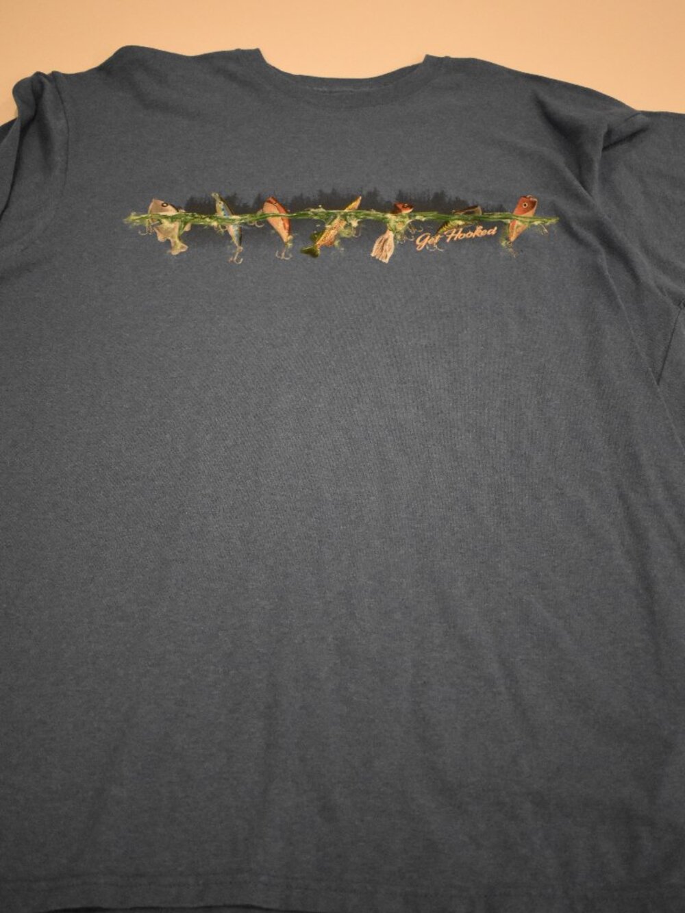 Men's XL Newport Blue Get Hooked Fishing Lures Graphic T-Shirt Navy Angler Sport